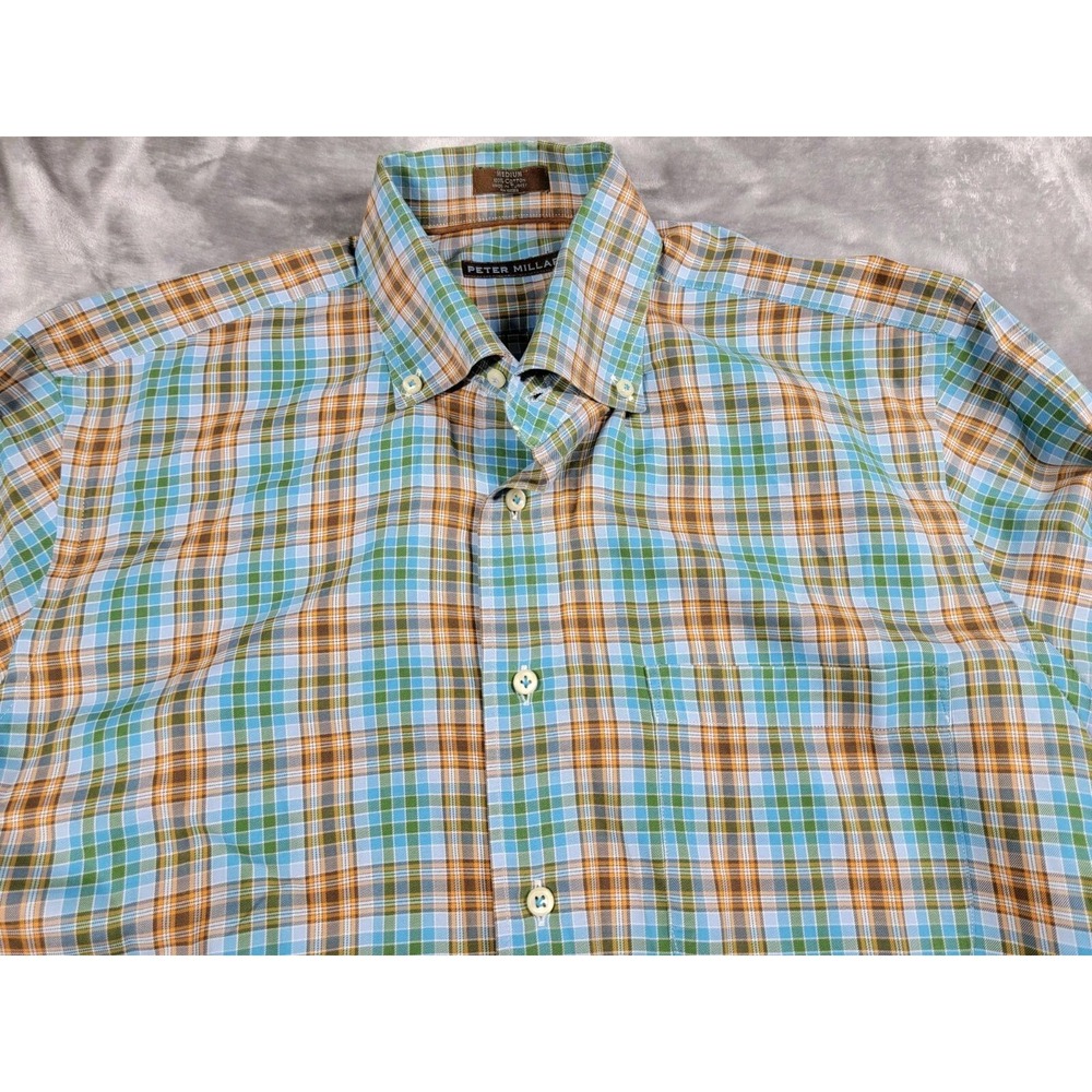 Peter Millar Button Up Shirt Mens Medium Blue Orange Plaid Cotton Long Sleeve